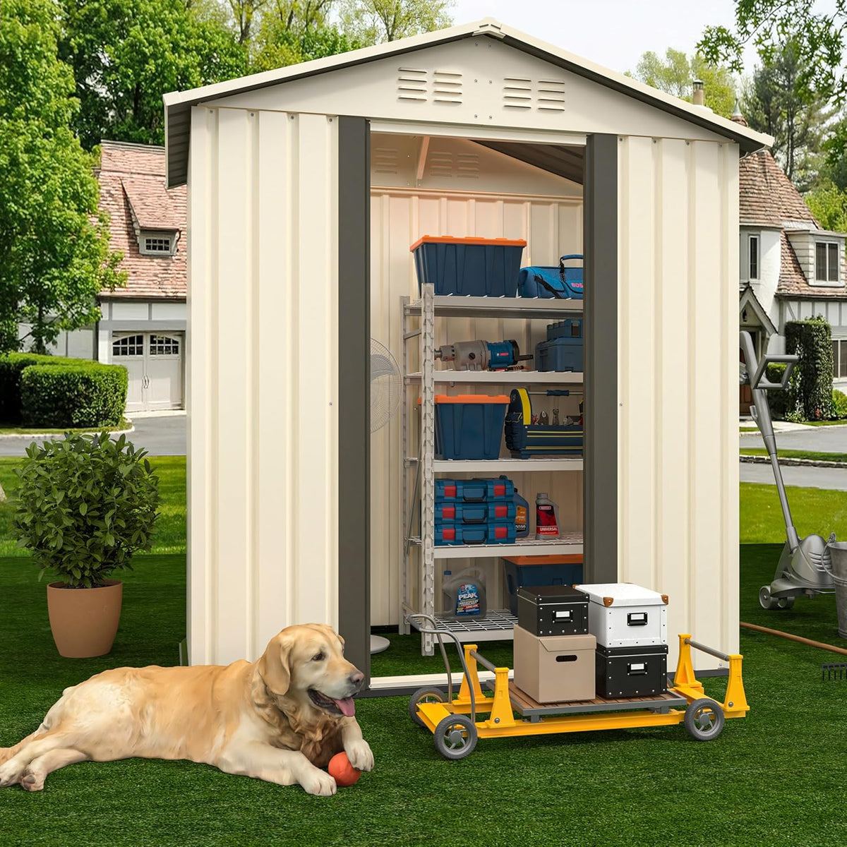 5x3 FT Outdoor Storage Shed, Metal Garden Shed with Lockable Sliding Doors, Small Outside Tool Shed with Sloped Roof & 4 Air Vents, Waterproof Storage Building for Backyard, Patio, Lawn, Cream White