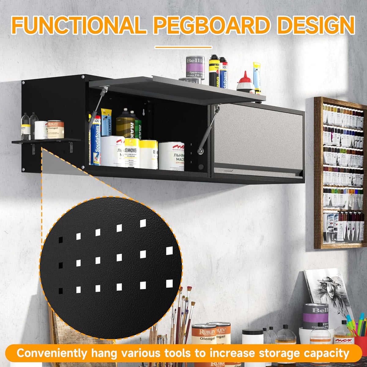 Metal Garage Wall Cabinet with Doors Side with Holes,13.8" H 1 Door Small Wall Hanging Tool Chest Cabinet,Garage Storage Cabinet for Garage, Basement, Kitchen, Warehouse,Office, Bathroom-Black Gray