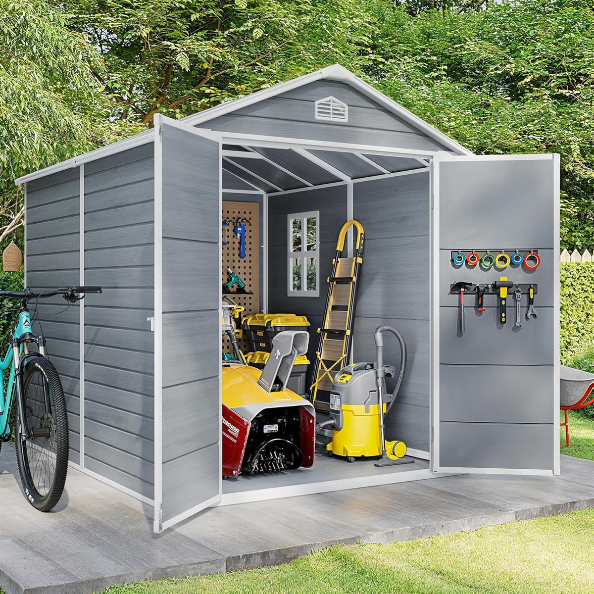 Gizoon 8x6 FT Outdoor Storage Shed with Floor, Resin Garden Tool Shed with Lockable Doors, Window, Vents, Reinforced Steel Frame, Waterproof Plastic Storage Sheds for Backyard, Patio, Lawn