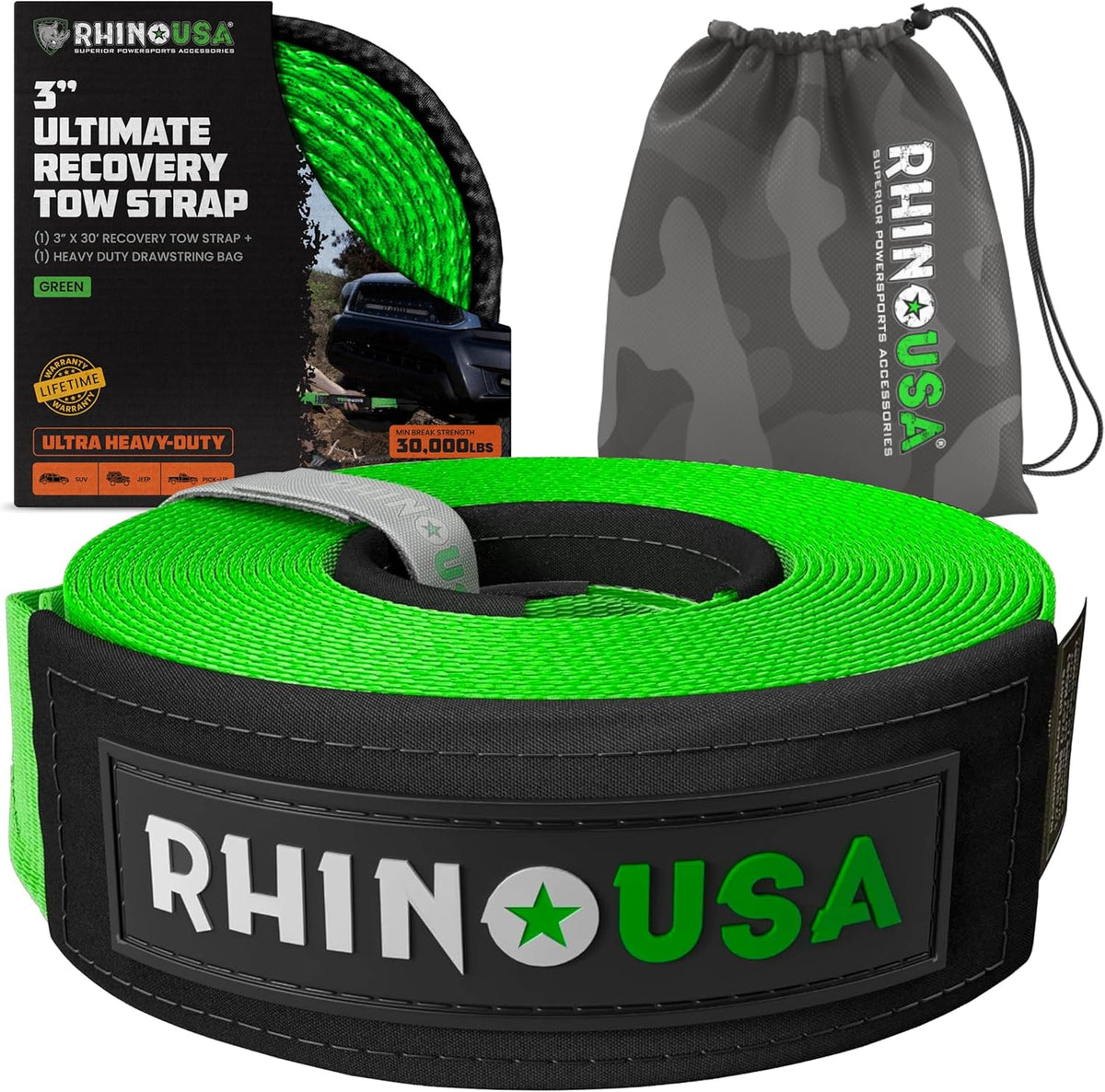 Rhino USA Recovery Tow Strap (3" x 30') - 31,518lb Break Strength - Emergency Recovery Strap Tow Rope for Truck, UTV, ATV & More - Heavy Duty Towing Strap for Offroad 4x4 Use - Compatible with Jeep