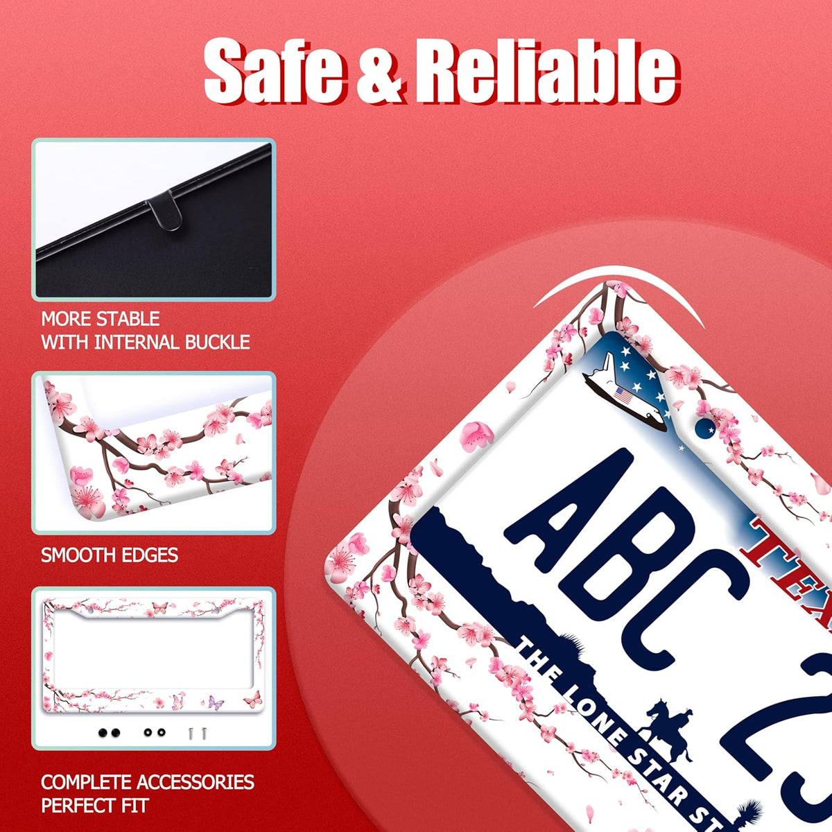 Pink Cherry Blossom Butterfly License Plate Frame Beautiful Flowers License Plate Holder Funny Stainless Steel Accessories Cars Decor With 2 Holes And Screws Fits Standard Us Ca Vehicles 12.2 X 6 Inch