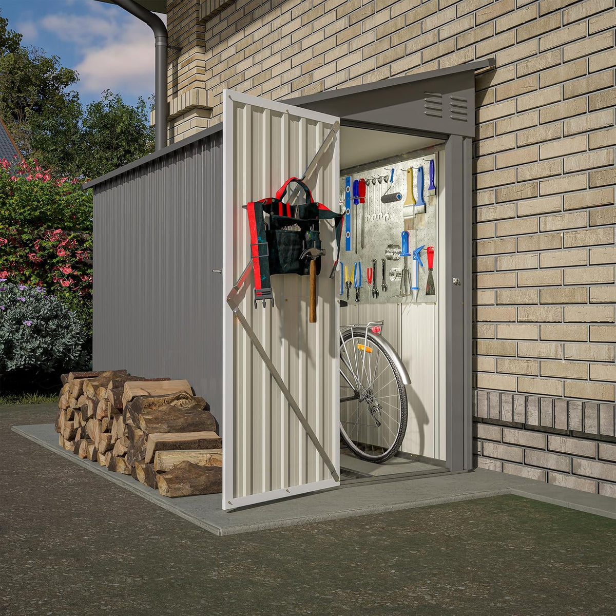 4x8 FT Outdoor Storage Shed,Lean to Metal Shed W/Floor Included,Garden Storage Shed W/Lockable Door,All Weather Waterproof Tool House W/ 2 Air Vents,for Backyard,Patio,Lawn,Garden,Gray