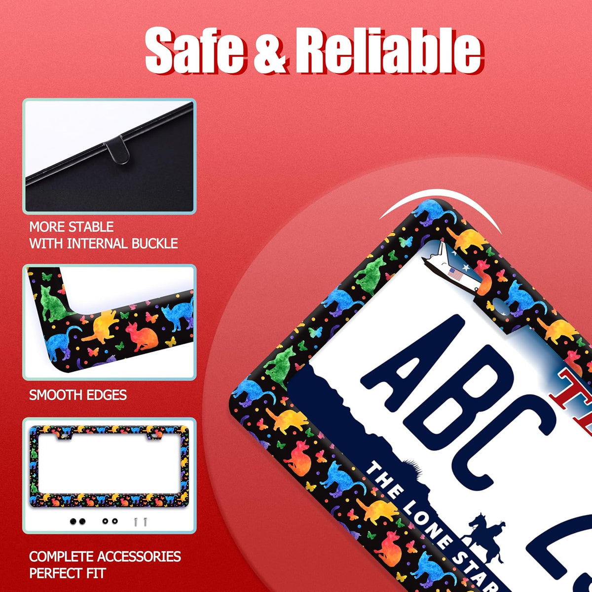 Colorful Cat License Plate Frame Cute Pet Butterfly License Plate Holder Funny Stainless Steel Accessories Cars Decor with 2 Holes and Screws Fits Standard Us Ca Vehicles 12.2 X 6 Inch
