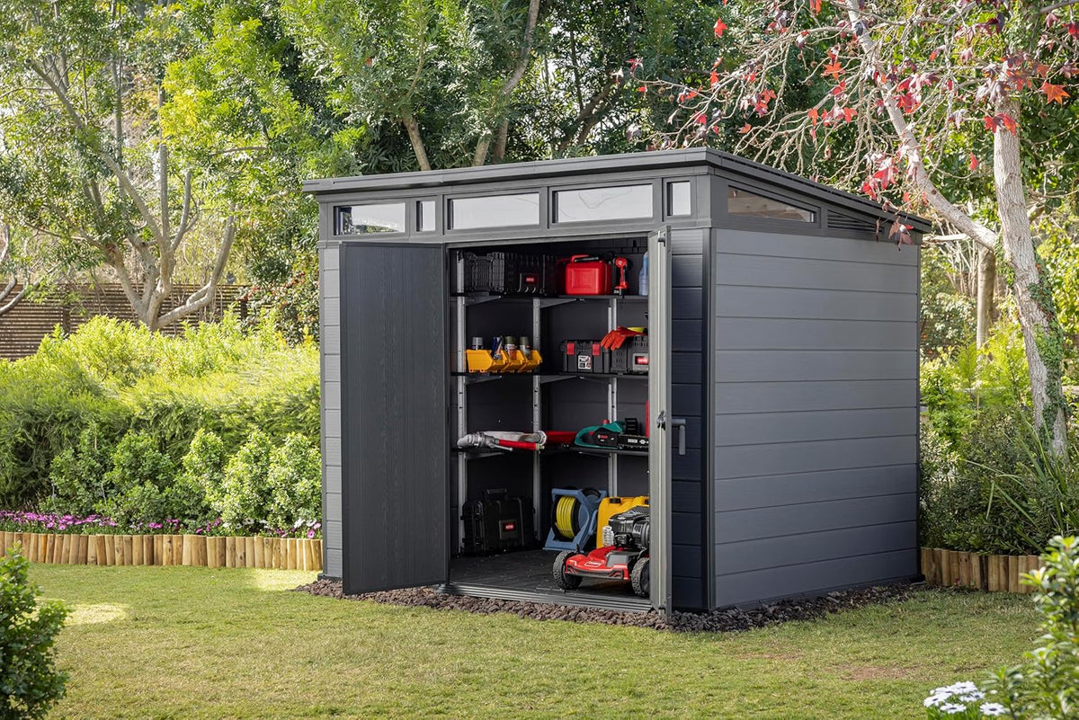 Keter Cortina 9x7 Ft All-Weather Storage Shed with Skylight, Window, Built-in Ventilation, Customizable Walls, & Lockable Double Doors, Graphite
