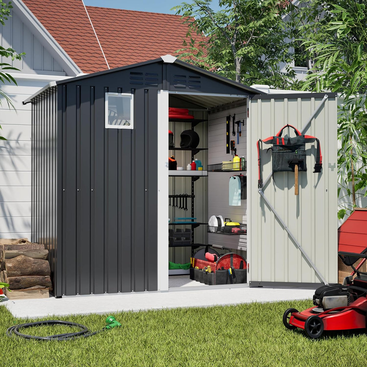 6x4 FT Outdoor Storage Shed,Metal Shed with Window,Garden Shed W/Dual Air Vents & Lockable Sliding Door,All Weather Waterproof Tool House W/Sloped Roof,for Patio,Yard,Lawn,Black