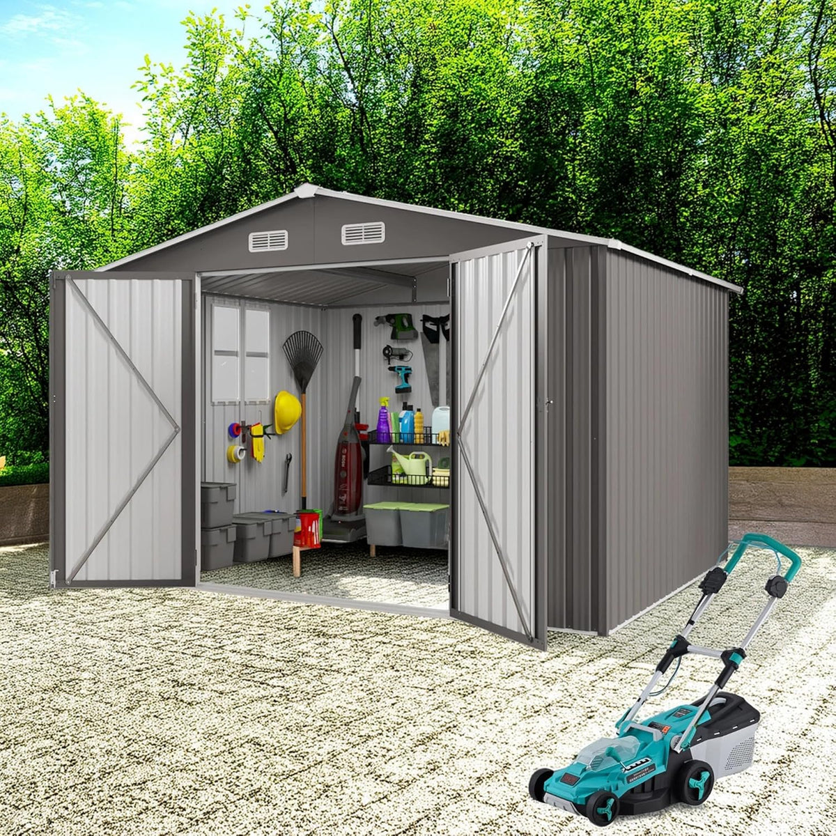 10 x 12 FT Large Outdoor Storage Shed w/ 2 Clear Window, Heavy Duty Metal Garden Sheds with Lockable Door & Air Vents, Waterproof Tool House for Bicycles, Tools, Backyards, Patios, Lawns, Gray
