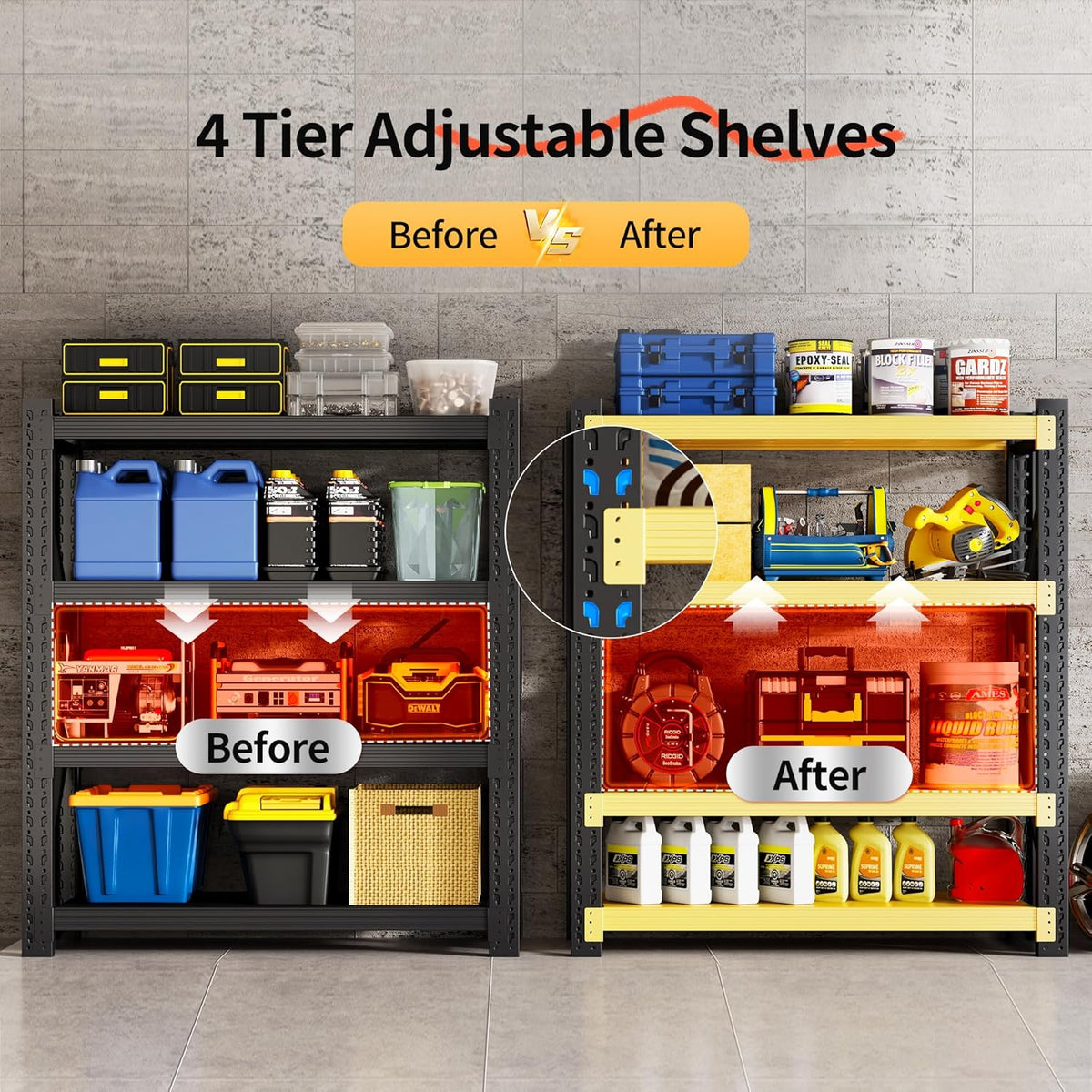 Garage Shelving Unit, 4 Tier Heavy Duty Racks, Easy Assembly, Metal Racks with Adjustable Shelves, 3000 LBS Load Capacity,for Warehouse,Basement (Black&Yellow, 19.7" D x 31.5" W x 63" H)