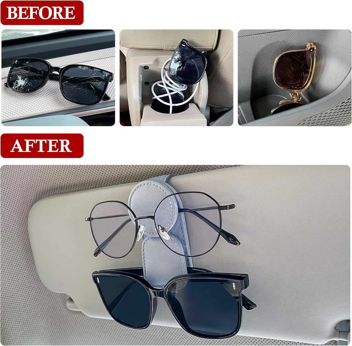 KIWEN 2 Pack Sunglasses Holder for Car Visor, Magnetic Leather Sunglass Eyeglass Hanger Clip for Car Sun Visor Accessories (2, Gray)