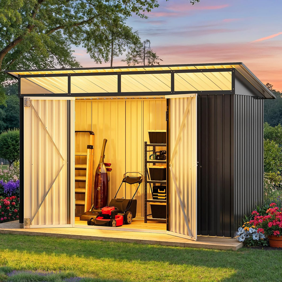 DWVO 9x4 FT Outdoor Storage Shed with Acrylic Windows, Utility Tool Shed Metal Storage Garden Shed with Door & Lock for Bike Storage, Waterproof Trash Shed for Backyard Garden Patio, Dark Dray