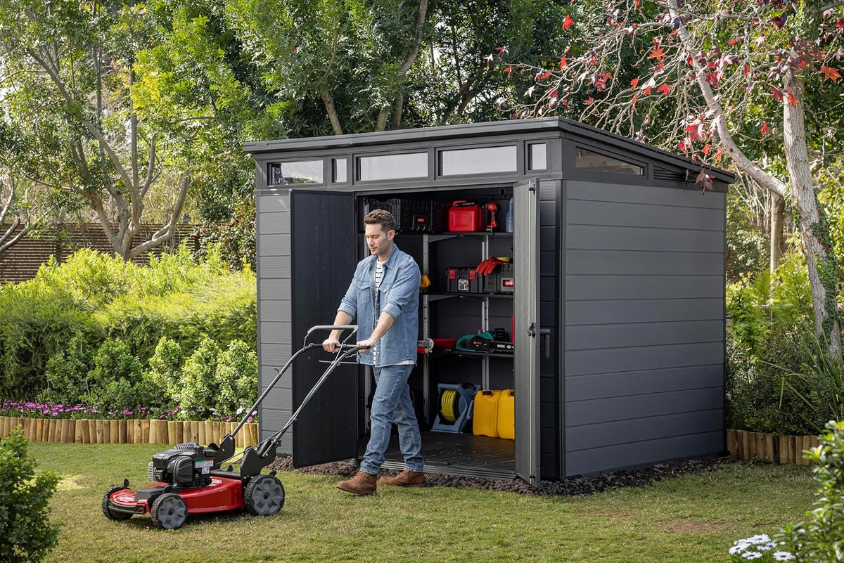 Keter Cortina 9x7 Ft All-Weather Storage Shed with Skylight, Window, Built-in Ventilation, Customizable Walls, & Lockable Double Doors, Graphite