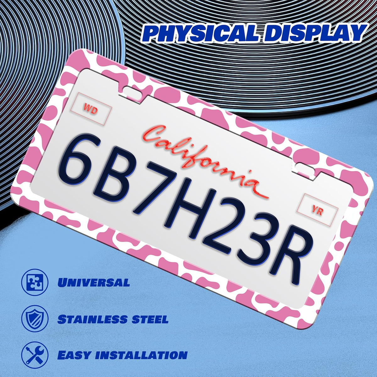 Pink Cow Print License Plate Frame Animal Texture License Plate Frames Personalise Stainless Steel Funny Design Compatible with Standard License Plate Holder for USA Canada 6 X 12 Inch with Screws