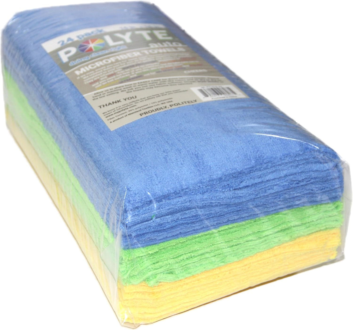 POLYTE Microfiber Cleaning Towel Ultrasonic Cut Edgeless (16x16, 24 Pack, Premium, Blue,Green,Yellow)