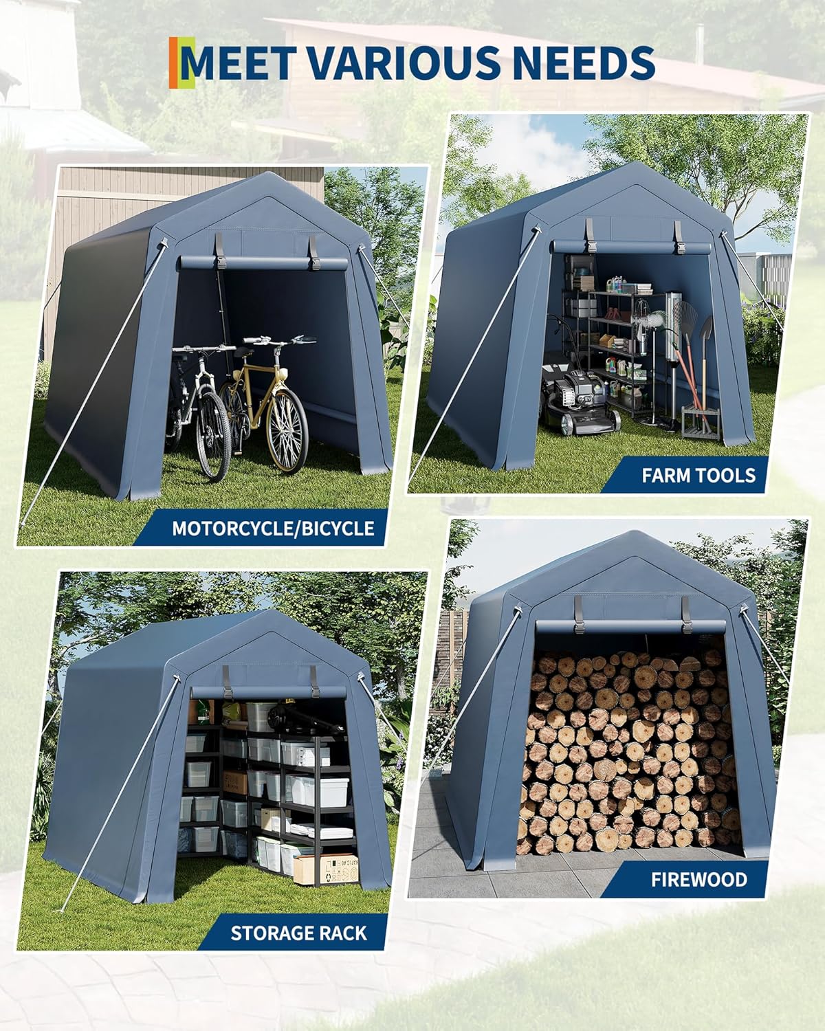 7*10F Outdoor Storage Shed with Floor, Heavy Duty Waterproof PE Tarp, Portable Metal Carport Garage Tent, 2 Roll-Up Doors & Vents, for Motorcycle and Bike Storage, Garden Tool Shed, Small Outdoor Shed