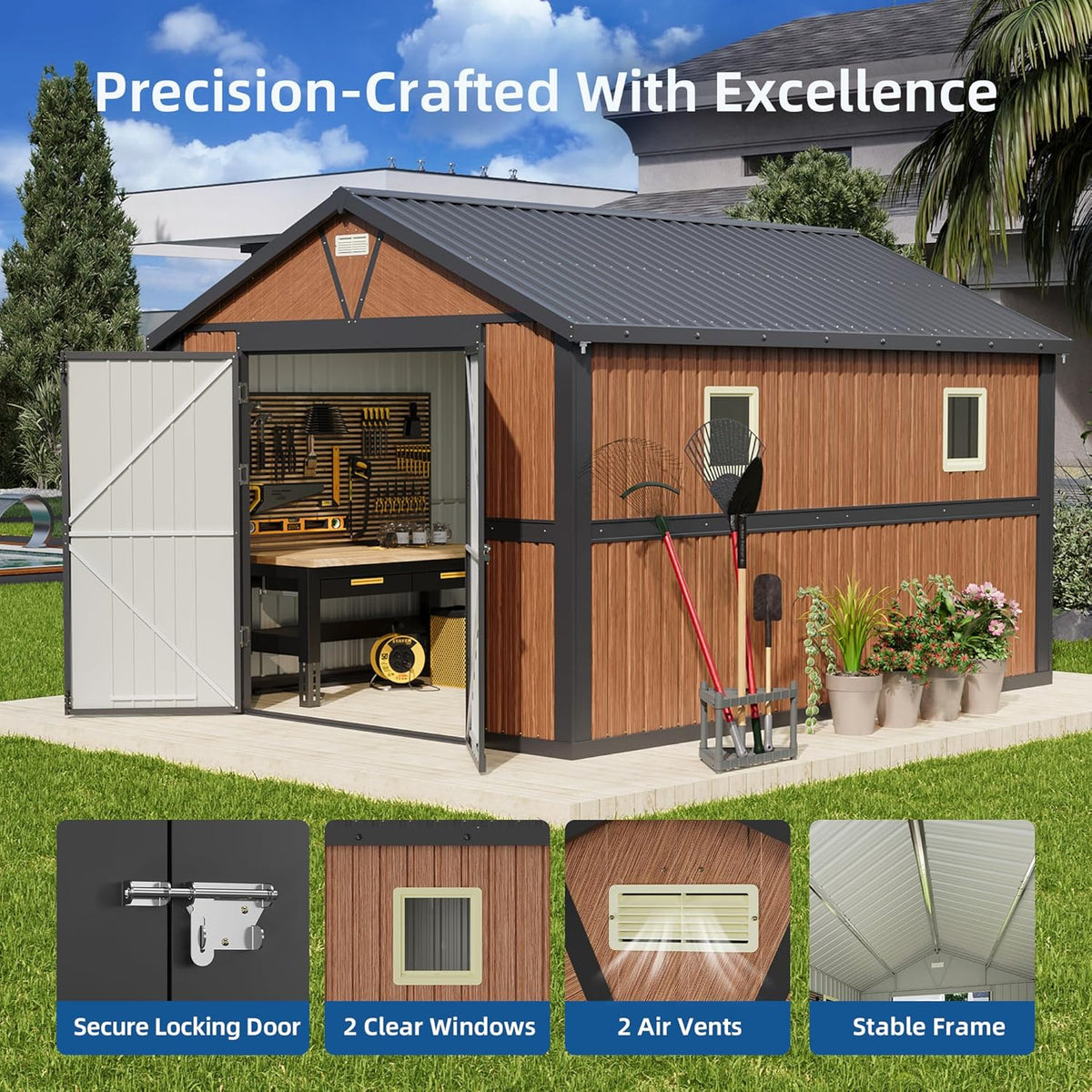 10x12FT Outdoor Storage Shed, Metal Garden Shed with Lockable Doors and Windows, Large Tool Shed for Backyard, Patio and Lawn