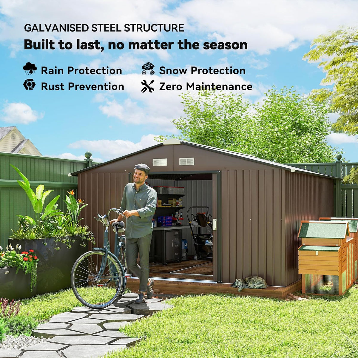 Outsunny 11' x 13' Outdoor Storage Shed, Garden Tool Metal Shed with Foundation Kit, Double Lockable Door, Air Vents and Sloping Roof, for Backyard, Patio, Lawn, Brown