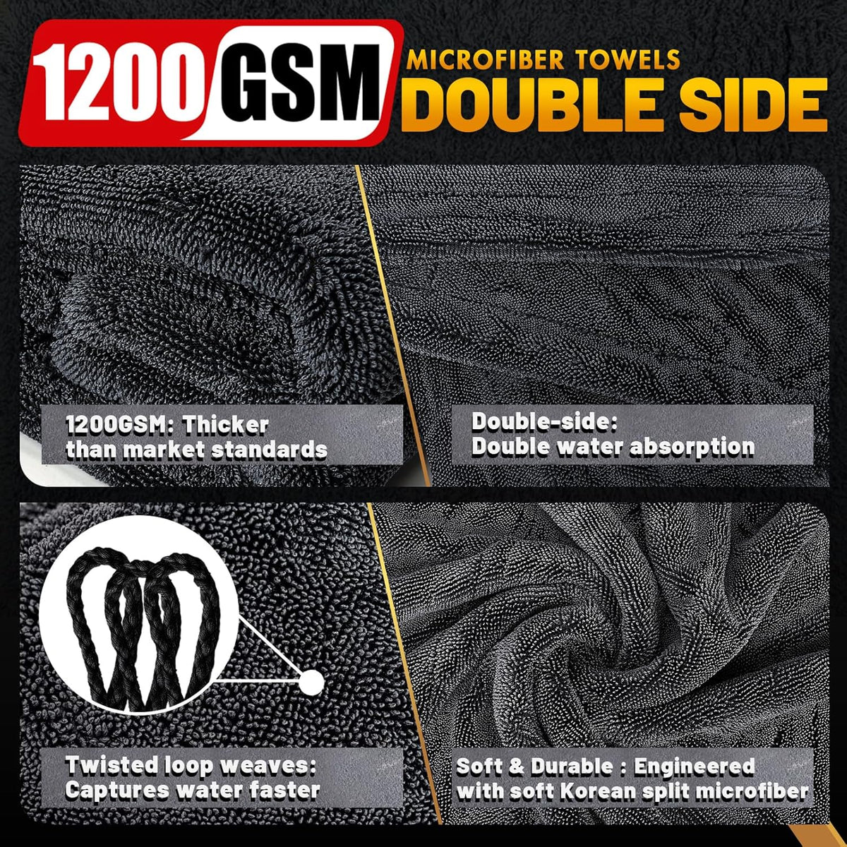Microfiber Towels for Cars, 3 Pack Dual Sided Drying Towels Car Detailing， 1200GSM Car Drying Towel(24″x 36″), Ultra Absorbent Car Cleaning Towel, No Streak or Scratch, Machine Washable