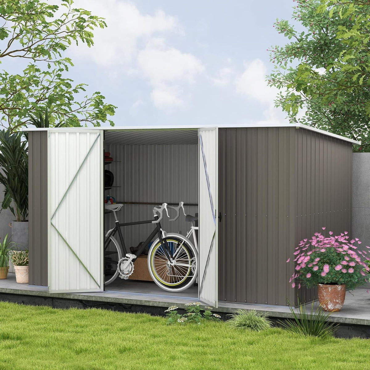 Outsunny 11' x 6' Outdoor Storage Shed, Galvanized Metal Utility Garden Tool House, 2 Vents and Lockable Door for Backyard, Bike, Patio, Garage, Lawn, Light Gray