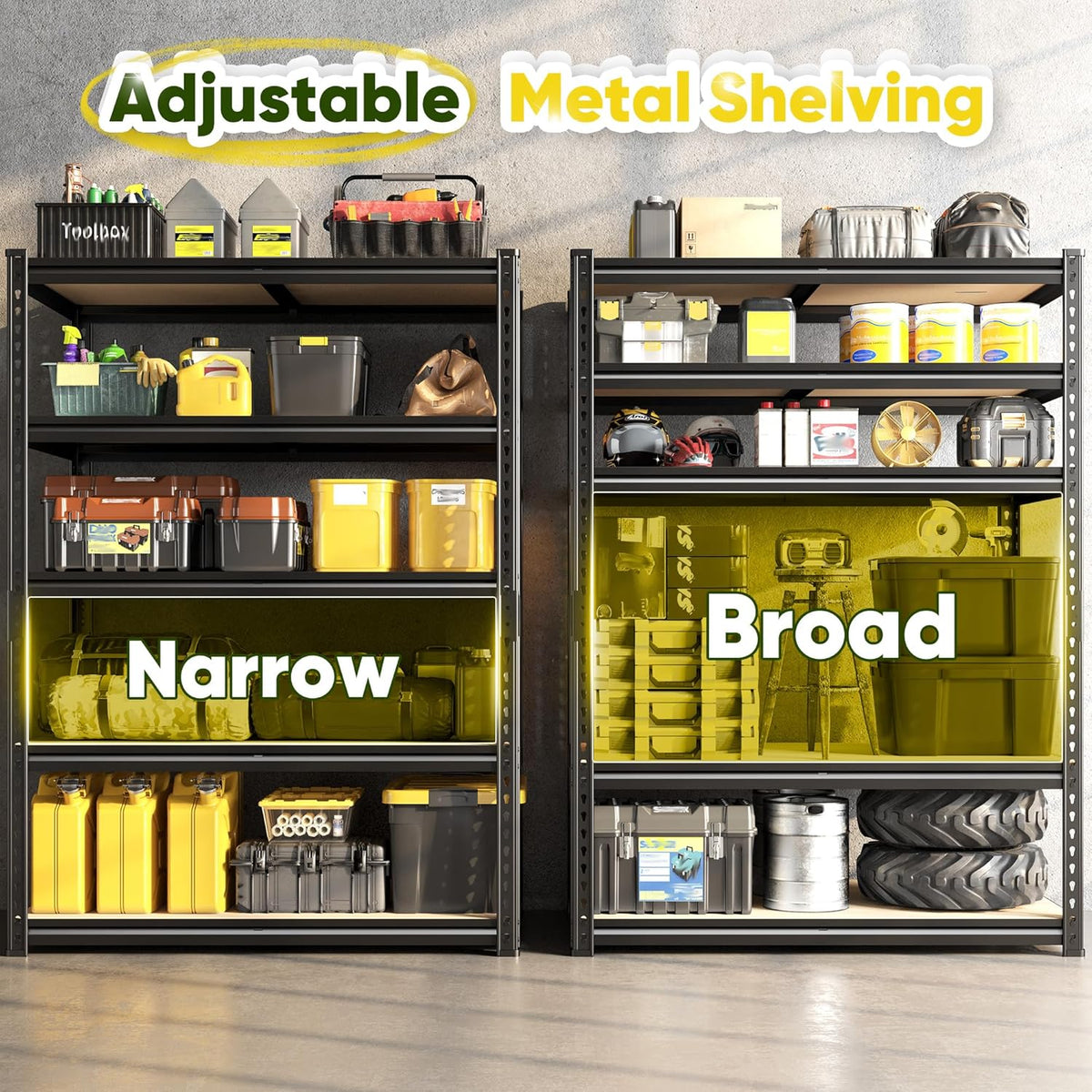 72" H Garage Shelving, 5 Tier Storage Shelves Load 2500 lbs, Adjustable Garage Shelves, Metal Shelving Unit for Warehouse, Basement, Pantry, 40" Wx 16" D x 72" H, Black