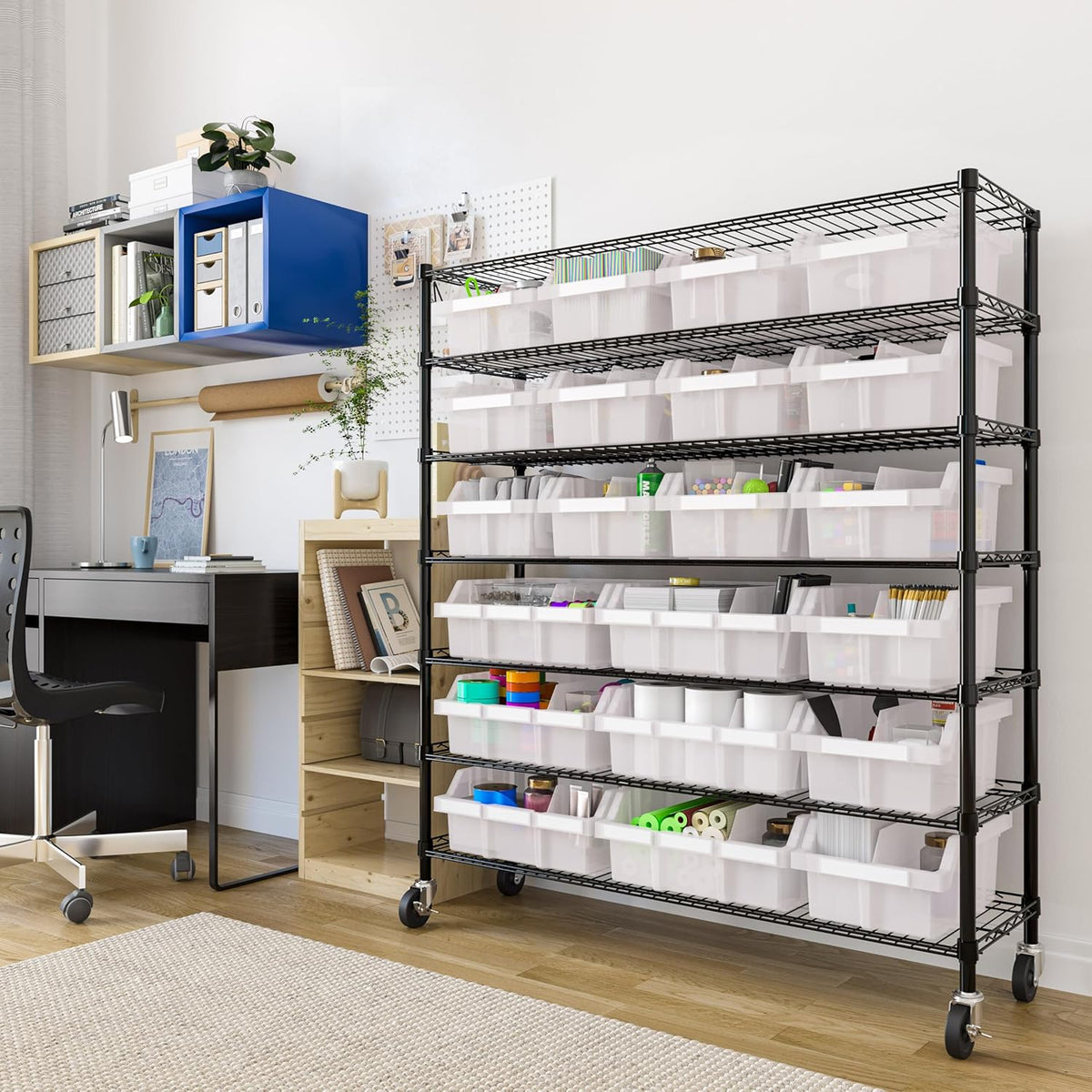 Seville Classics Heavy Duty NSF Bin Rack Solid Steel Wire Shelving Storage Unit, Patented Organizer for Garage, Warehouse, Office, Restaurant, Classroom, Kitchen, Translucent, Includes 21 Bins