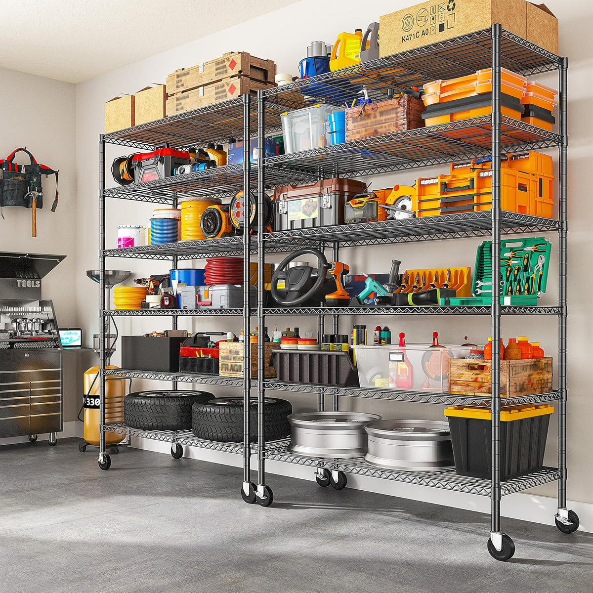 82" H X45 W X18 D Storage Shelves with Wheels, 6 Tier Wire Shelving Adjustable Metal Shelving Pantry Shelves Capacity 1200LBS for Garage Shelving, Pantry, Kitchen, Closet, Black