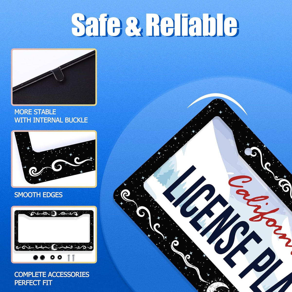 Moon License Plate Frame Stars Waves Starry Sky License Plate Stainless Steel Funny License Plate Holder Galaxy Car Accessory with Screws Car Decoration 12.3" x 6.3" for Men Women