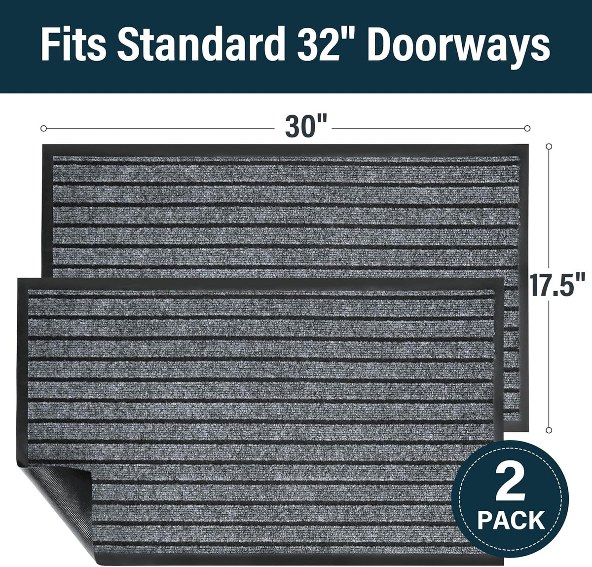 LotFancy 30" x 17" Set of 2 Front Door Mat for Indoor Outdoor Entrance, Dirt Traper Low Profile Easy Clean Doormat, Non Slip Welcome Mats for Patio Porch Garage Entryway, Dark Gray