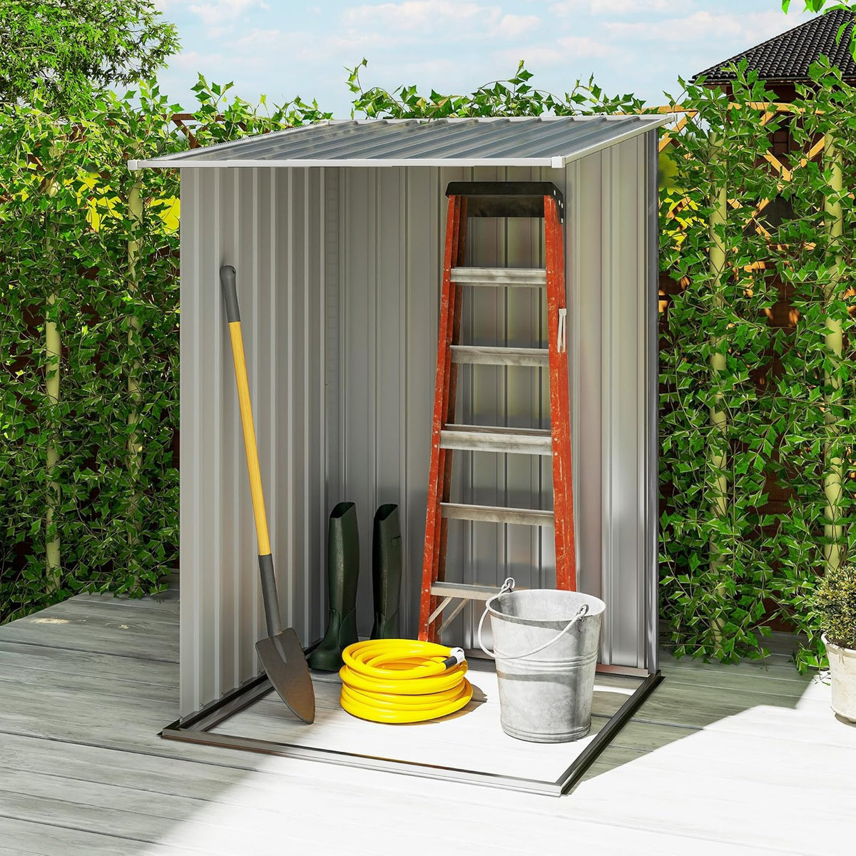 Outsunny 3.3' x 3.4' Outdoor Storage Shed, Metal Garden Tool House with Sloping Roof and Lockable Door for Backyard, Bike, Patio, Garage, Lawn, Gray