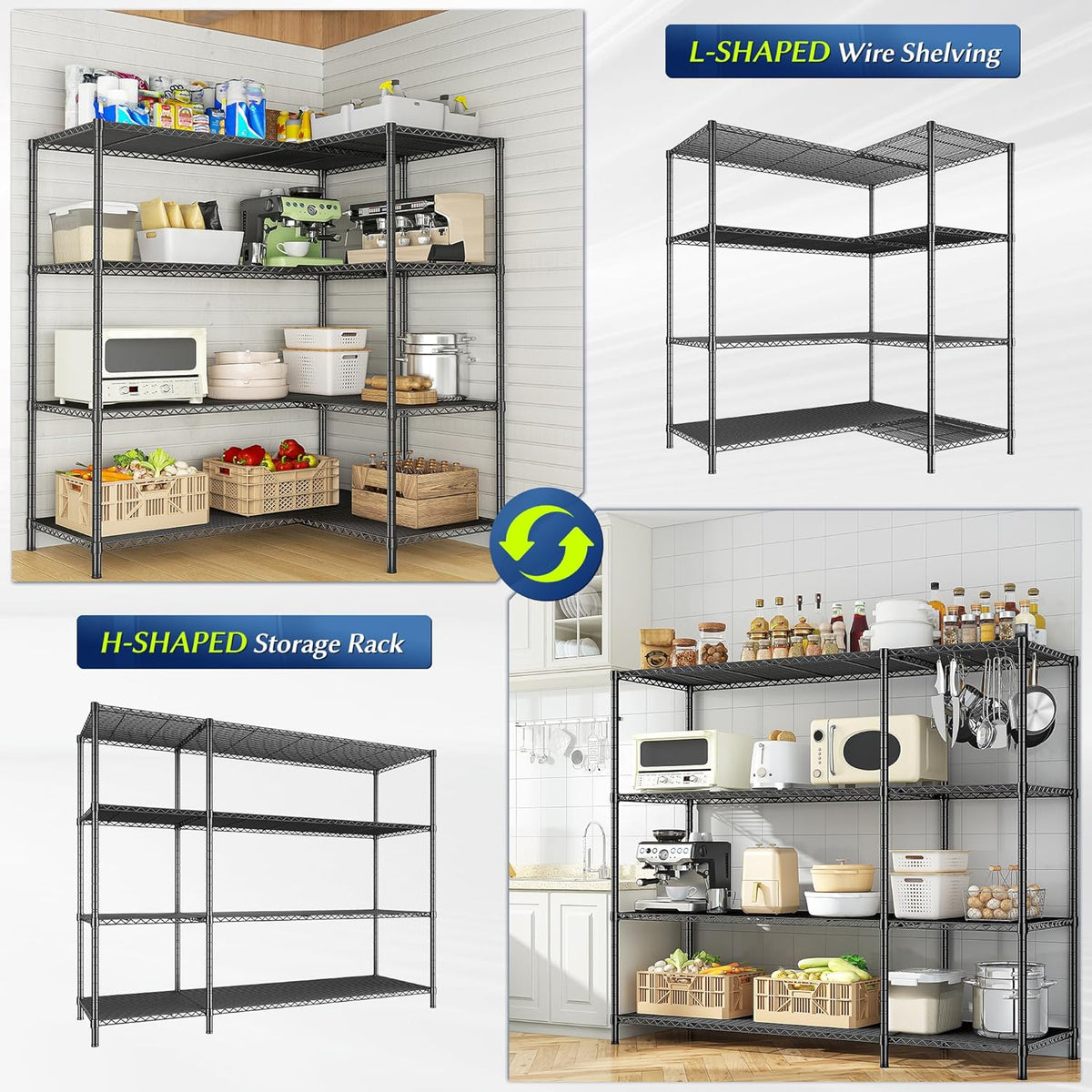 52.36''W Storage Shelves Metal Shelving Unit Load 1120LBS 4 Tier Wire Shelving for Storage Rack Adjustable Garage ShelvingGHeavy Duty for Pantry Kitchen Garage,52.36Wx13.78Dx59H,2PCS