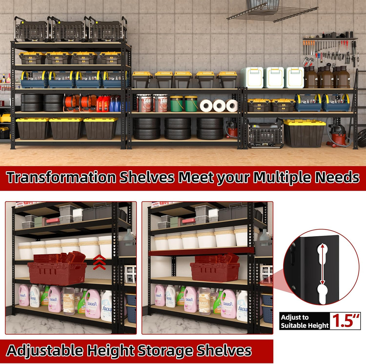 6 Packs 48" W x 24" D x 72" H Adjustable Garage Storage Shelves - 5-Shelf Heavy Duty Shelving Unit, Metal Utility Storage Organizer Racks for Warehouse Pantry Closet Kitchen, Black