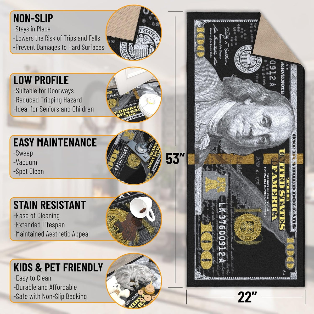 Ottomanson 22" x 53" $100 Bill Money Rug - Durable & Non-Slip Area Rug - Fun & Eye-Catching Decor for Bedroom, Office, Game Room & Man Cave - Unique Gift for & Trendy Home Decor, Black/Gold