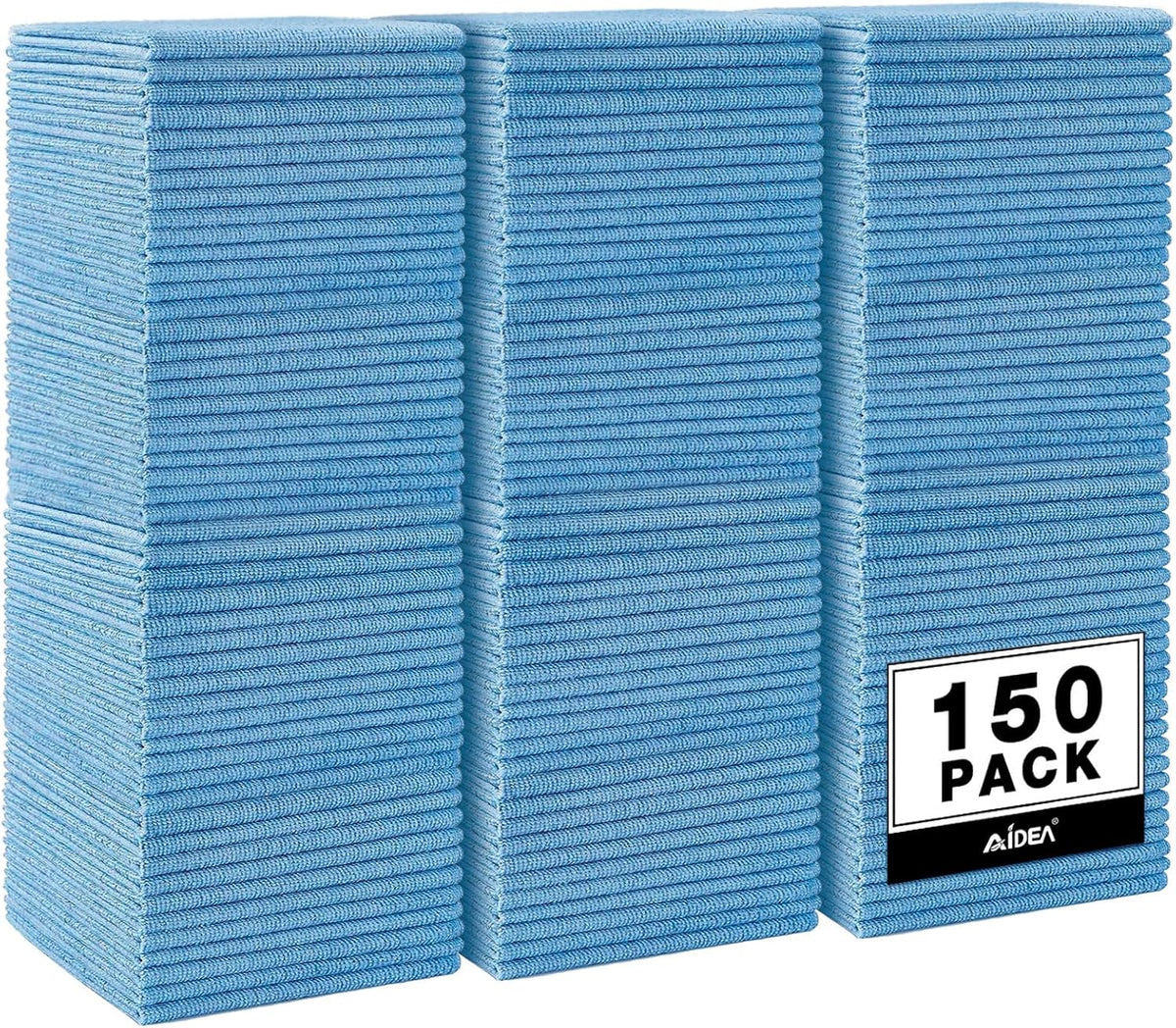 AIDEA Microfiber Cleaning Cloths, 150PK, Blue, 12x12 Inch, Shop Rags, Absorbent, Lint Free, Reusable, Ideal for Cars, Kitchen, Household, Dusting, Polishing