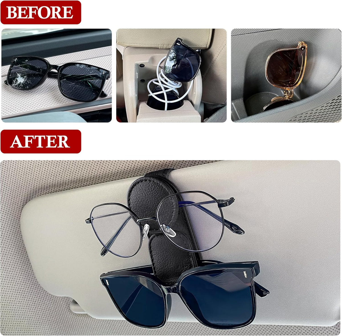 KIWEN 2 Pack Sunglasses Holder for Car Visor, Magnetic Leather Sunglass Eyeglass Hanger Clip for Car Sun Visor Accessories (2, Black)