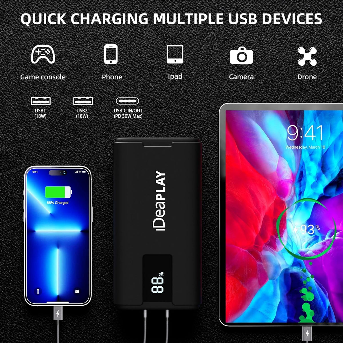 IDEAPLAY J10 Jump Starter, 2000A 12V Car Battery Jump Starter Portable for Up to 8.0L Gas and 7.0L Diesel Engine, Jump Box with Jumper Cables, Type C Fast Charging Battery Jumper with LED Flashlight