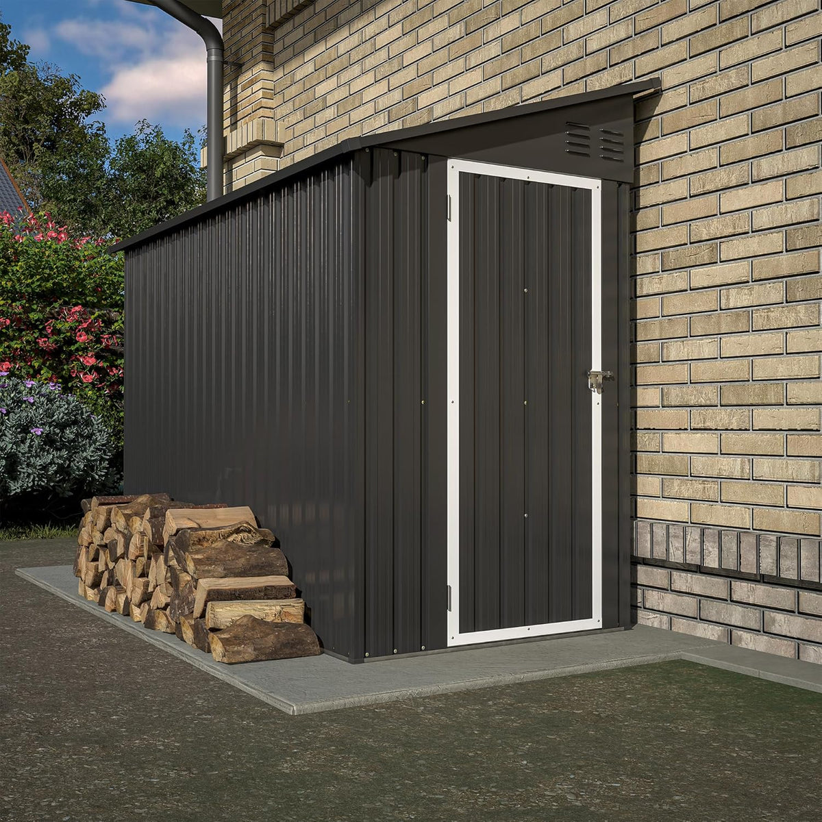 Shed Lean to Storage Shed, Outdoor 4' x 8' Metal Wall Side Storage Sheds & Outdoor Storage, Garden Storage Cabinet for Backayrd, Patio and Outdoor Use,Black