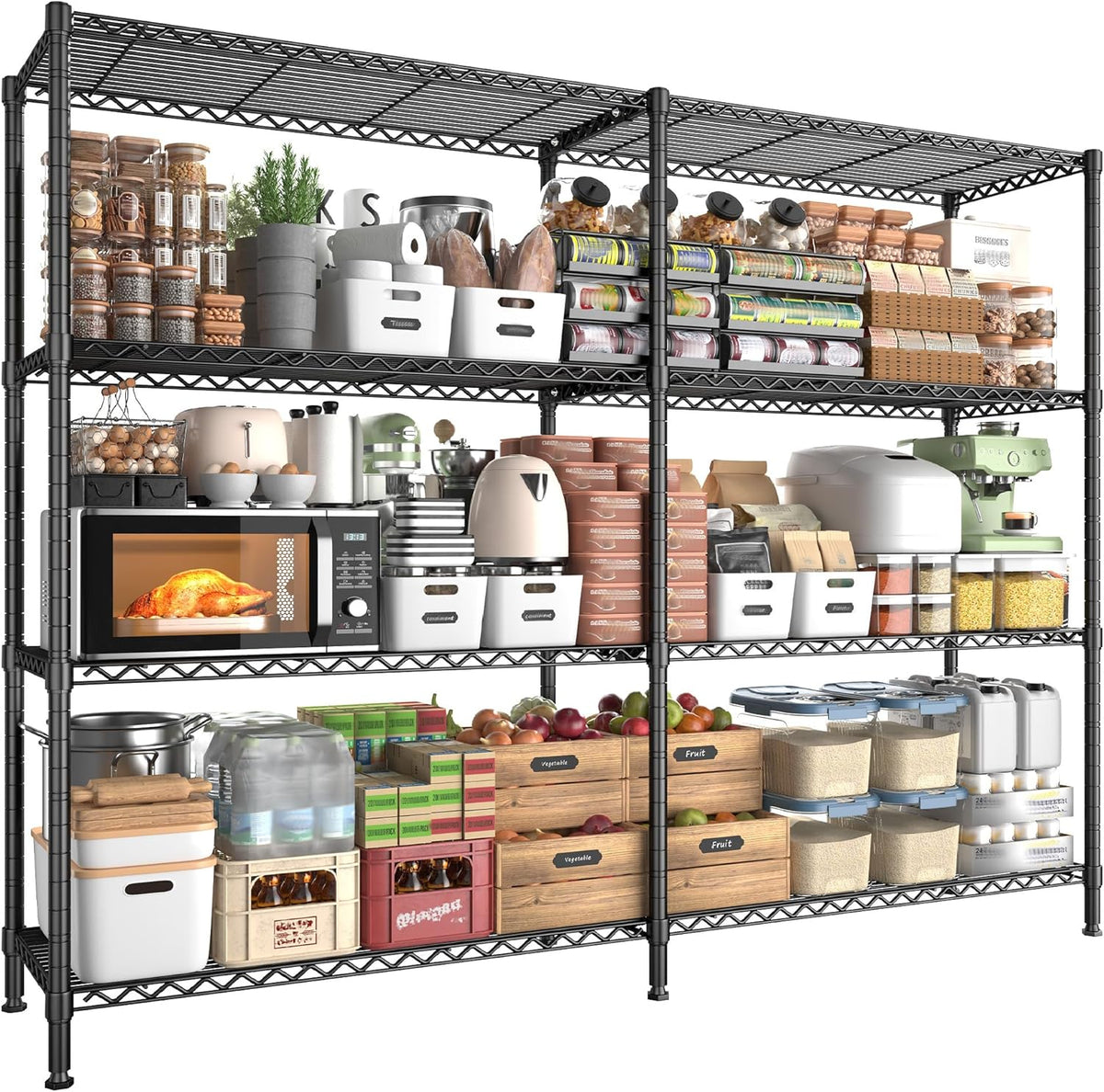 REIBII 61.7''W Storage Shelves Load 1220LBS Wire Shelving Unit 4 Tier Metal Shelving for Storage Rack Shelves Heavy Duty Garage Shelf Pantry Shelves Kitchen Shelving, 61.7" W*62.9" H*15.8" D, Black