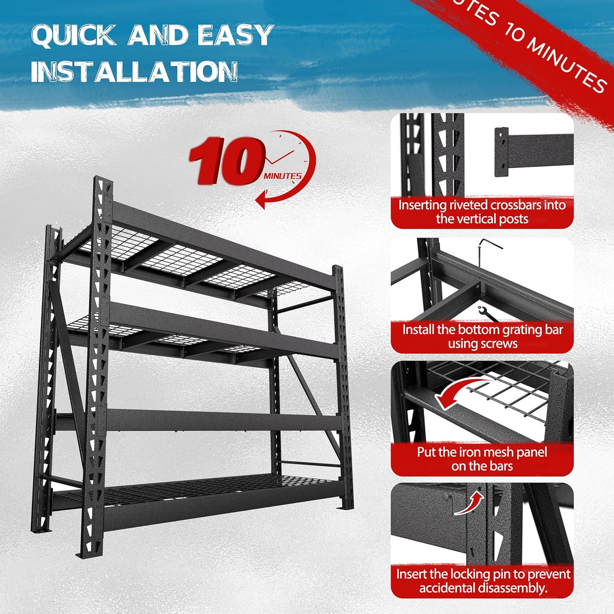 MUPATER 68.11” W × 23.62” D × 59.84” H Garage Shelving, 9000 LBS Heavy Duty Metal Storage Shelves, 4-Tier Adjustable Storage Rack for Basement, Warehouse, Industrial