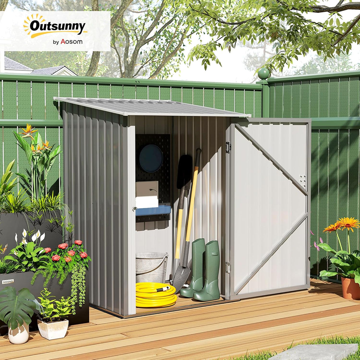 Outsunny 3.3' x 3.4' Outdoor Storage Shed, Metal Garden Tool House with Sloping Roof and Lockable Door for Backyard, Bike, Patio, Garage, Lawn, Gray