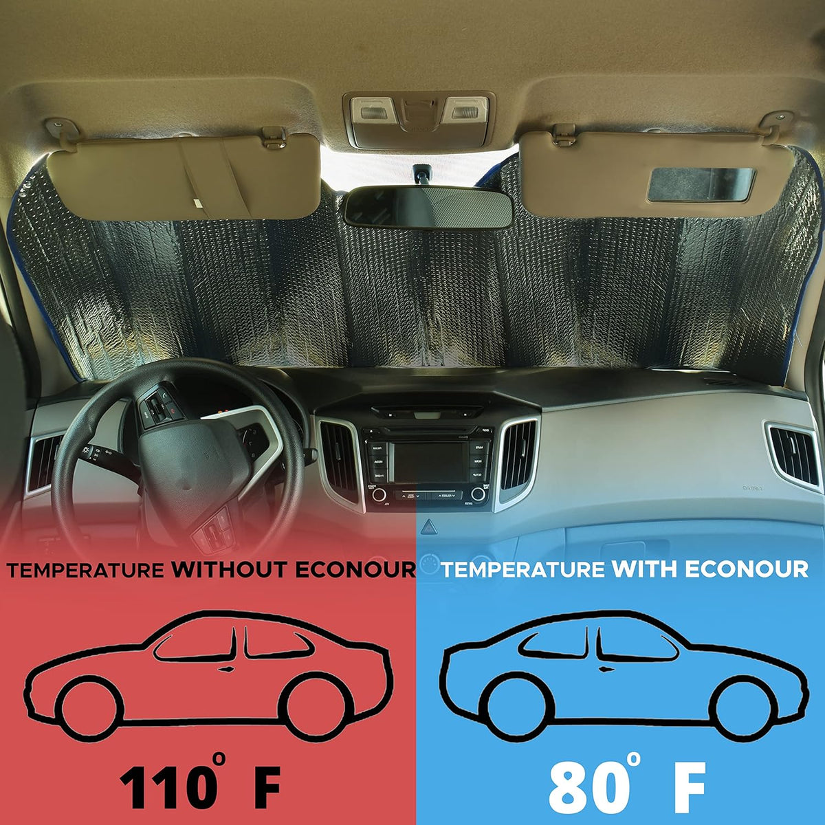 EcoNour Accordion Car Windshield Sun Shade (Gray) | Foldable Car Window Shades for UV Protection & Heat Block | Keeps Interior Cool | Sun Blocker for Front Window | 58 x 28 Inches