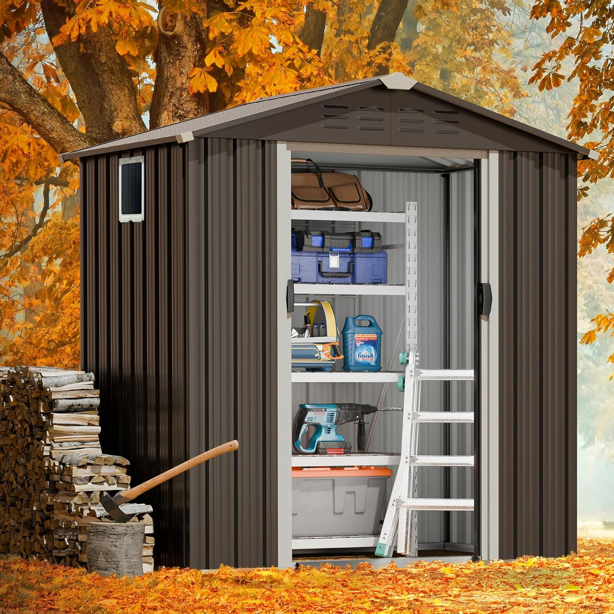 JYQAQA 6x4 FT Outdoor Garden Storage Shed,Waterproof Metal Garden Sheds with Lockable Double Door,Weather Resistant Steel Tool Storage House Shed forPatio,Lawn Gray