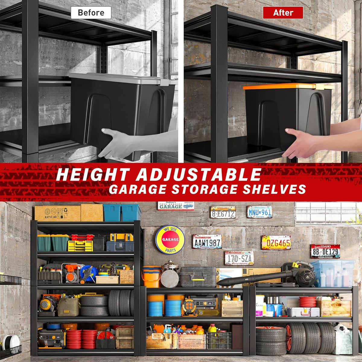 REIBII 40" W Garage Shelving, Heavy Duty Storage Shelves Load 2500LBS, 5-Tier Adjustable Metal Shelving, Garage Shelves for Warehouse, Pantry, Basement, 72" H x 40" W x18 D, 3Pack