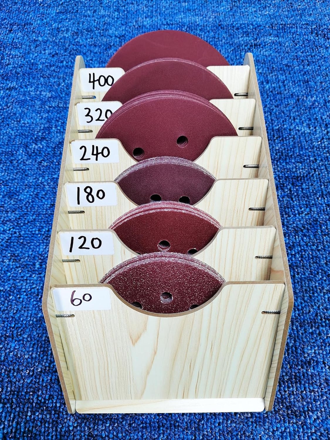 6-Tier Hanging Wooden Sandpaper Storage Holder, Sandpaper Organizer for Sanding Discs 5 Inch 6 Inch, Wall Mount Woodworking Tools Rack(Excluding Sandpaper), Maple Color, 1 Set