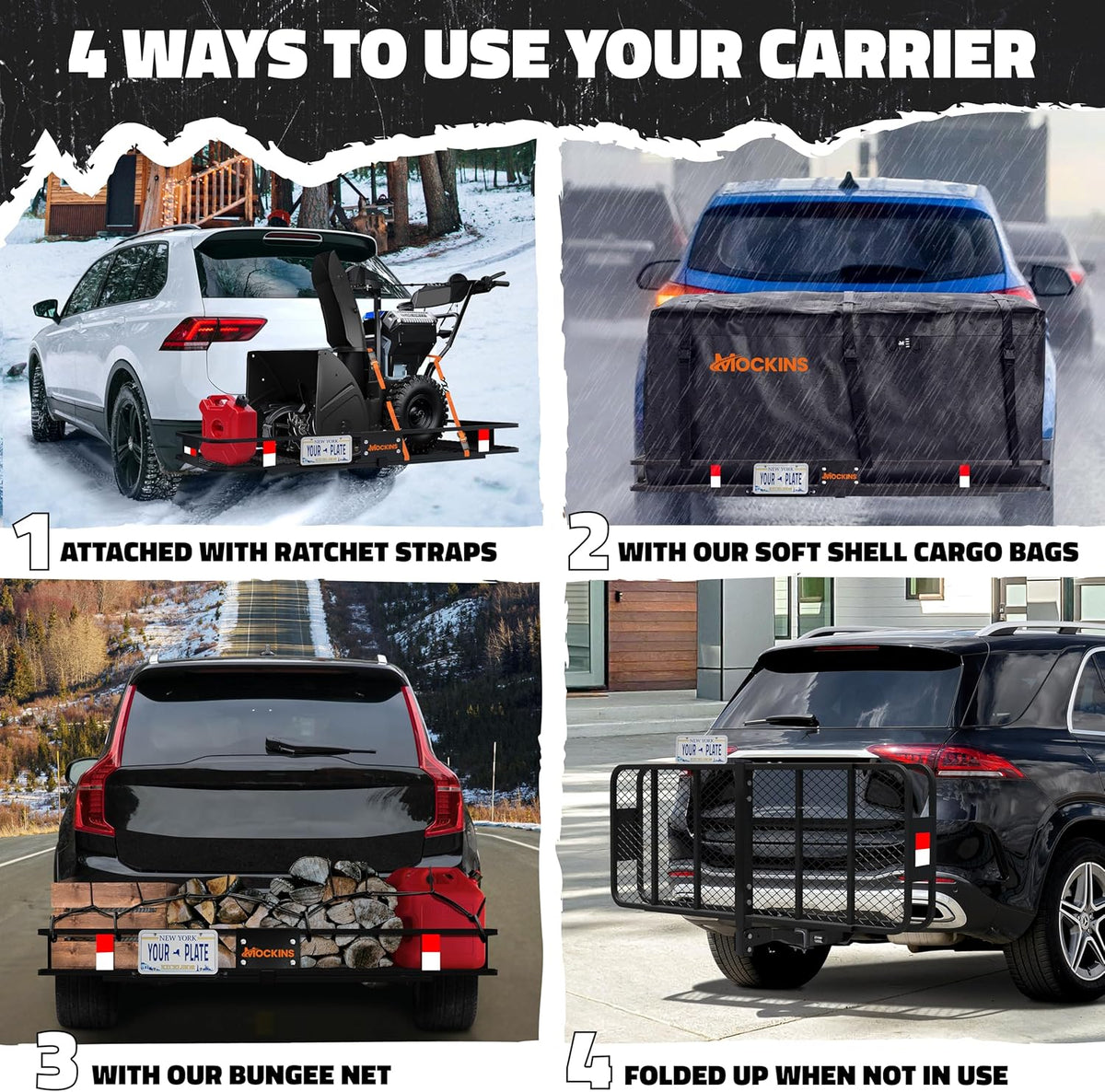 Mockins 60"x20"x6" Heavy Duty Trailer Hitch Cargo Carrier w/License Plate Holder & 16 Cu.Ft. Waterproof Cargo Bag for Hitch Carrier | All-Weather 500 Lbs. Cap Folding Luggage Rack for SUV Car & Truck