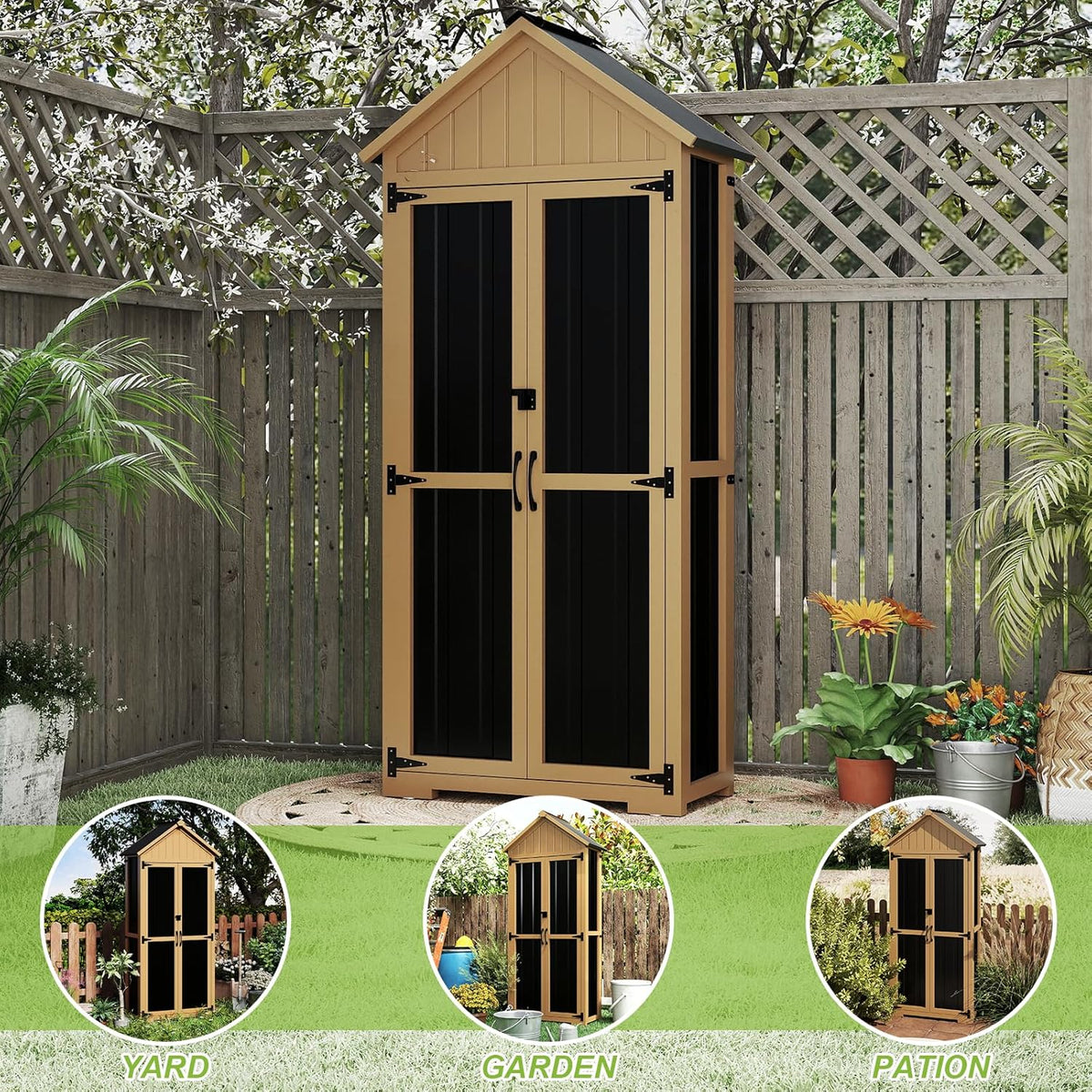 Outdoor Storage Cabinet with Shelf, Wood & Metal Storage Shed with Lockable Doors & Sloping Roof, Outdoor Cabinets Weatherproof for Patio Backyard, Garden Shed Tool Shed and Accessories, Brown