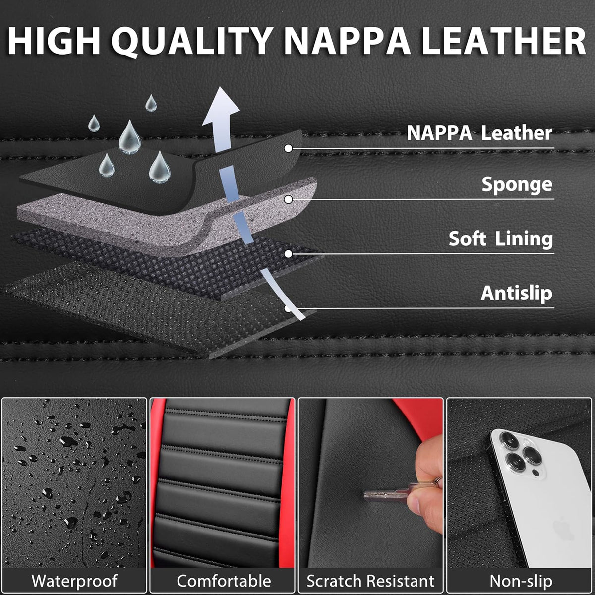 CAR PASS Nappa Leather Car Seat Covers Front Seats, Luxury Seat Protector for Cars, Waterproof Anti-Slip Seat Cushion Armrest Compatible Airbag Universal for Sedan SUV Pick-up Truck Auto, Black Red