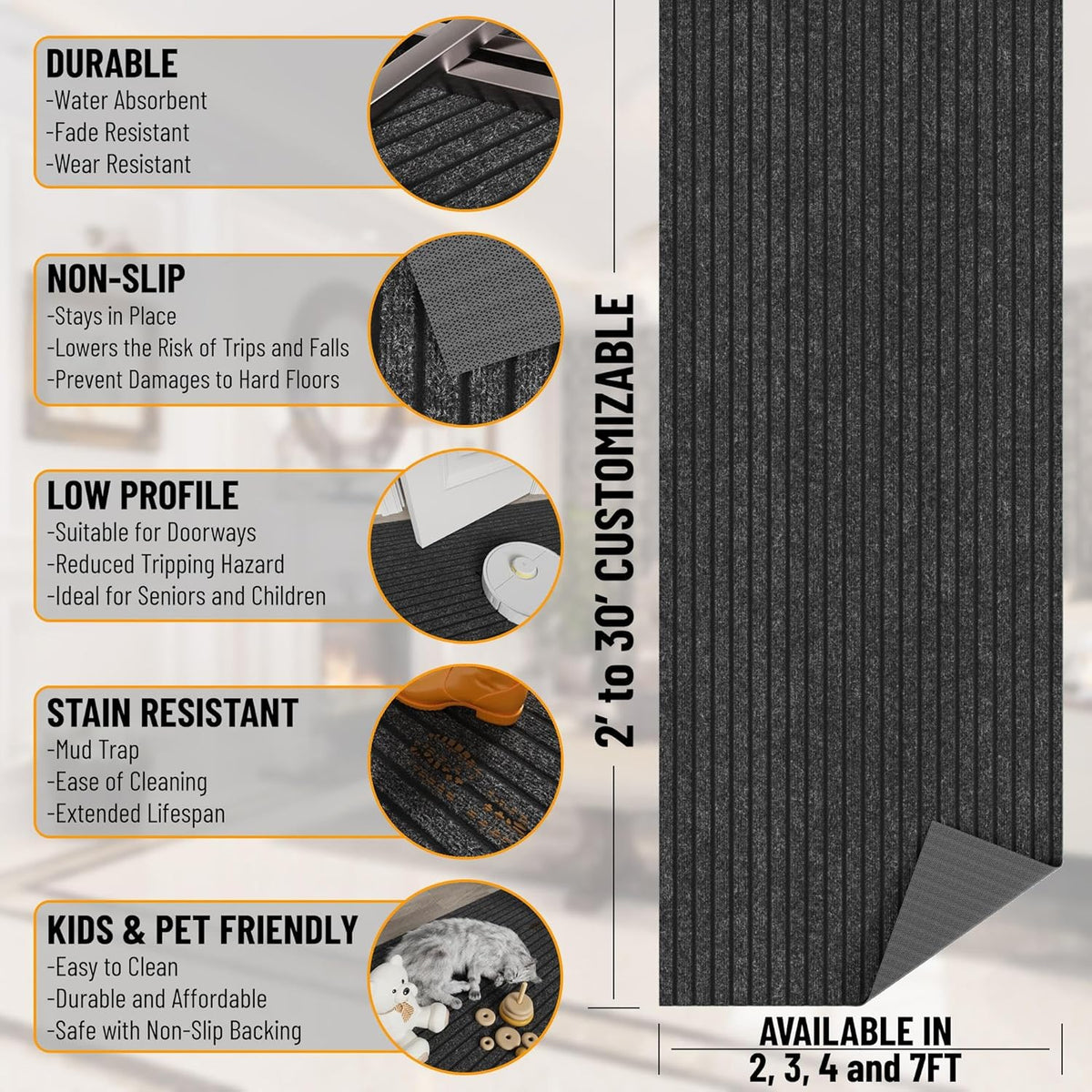 Ottomanson 2' x 25' Hallway Runner with Scraper Pile Extra Durable Non-Slip Rug Mat for Indoor & Outdoor Use - Ideal for Kitchen, Entryway, Patio & Garage - High-Traffic Carpet, Black