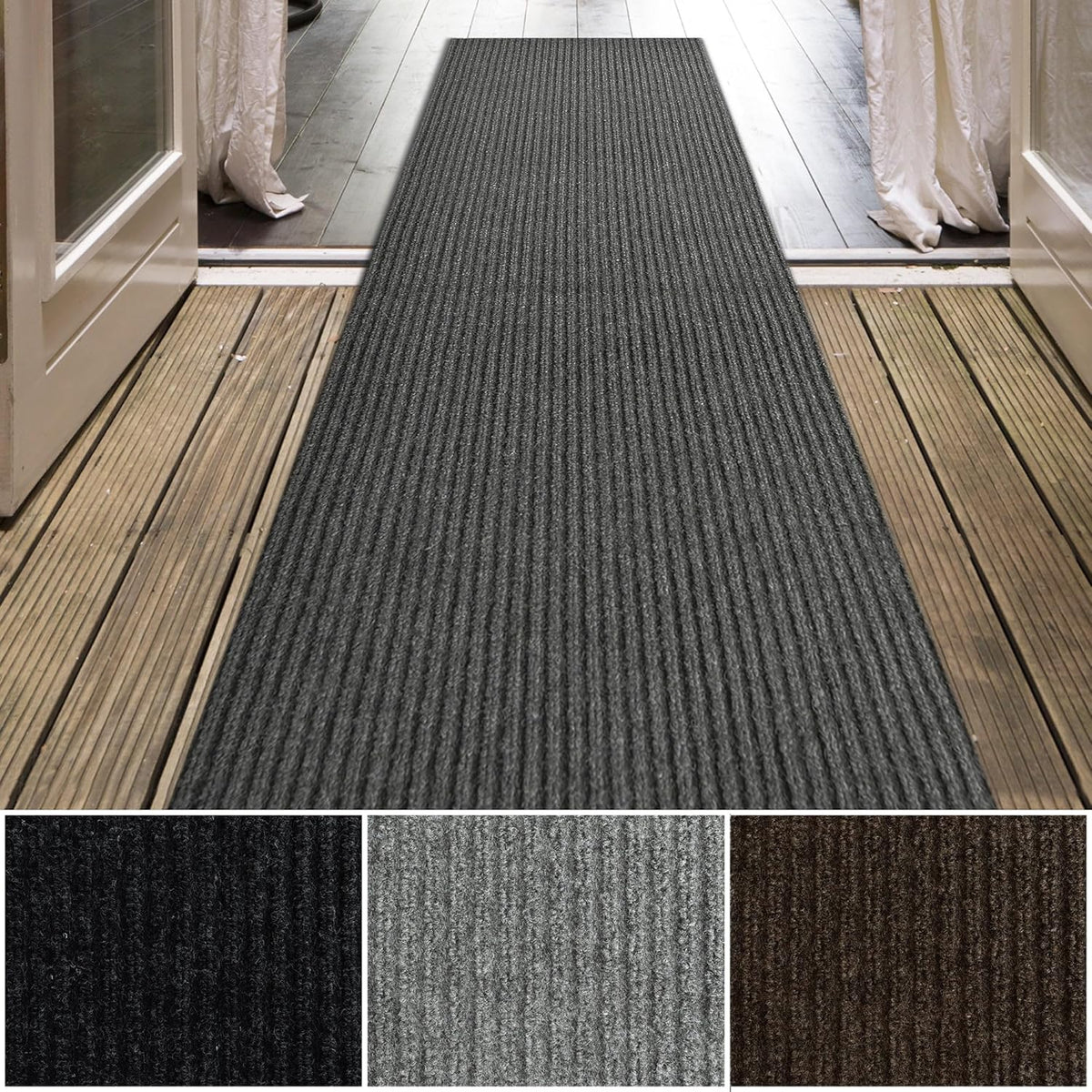 iCustomRug Spartan Weather Warrior Indoor/Outdoor Utility Ribbed Carpet Runner with Non-Slip Thermoplastic Rubber Backing, 3ft X 56ft in Charcoal