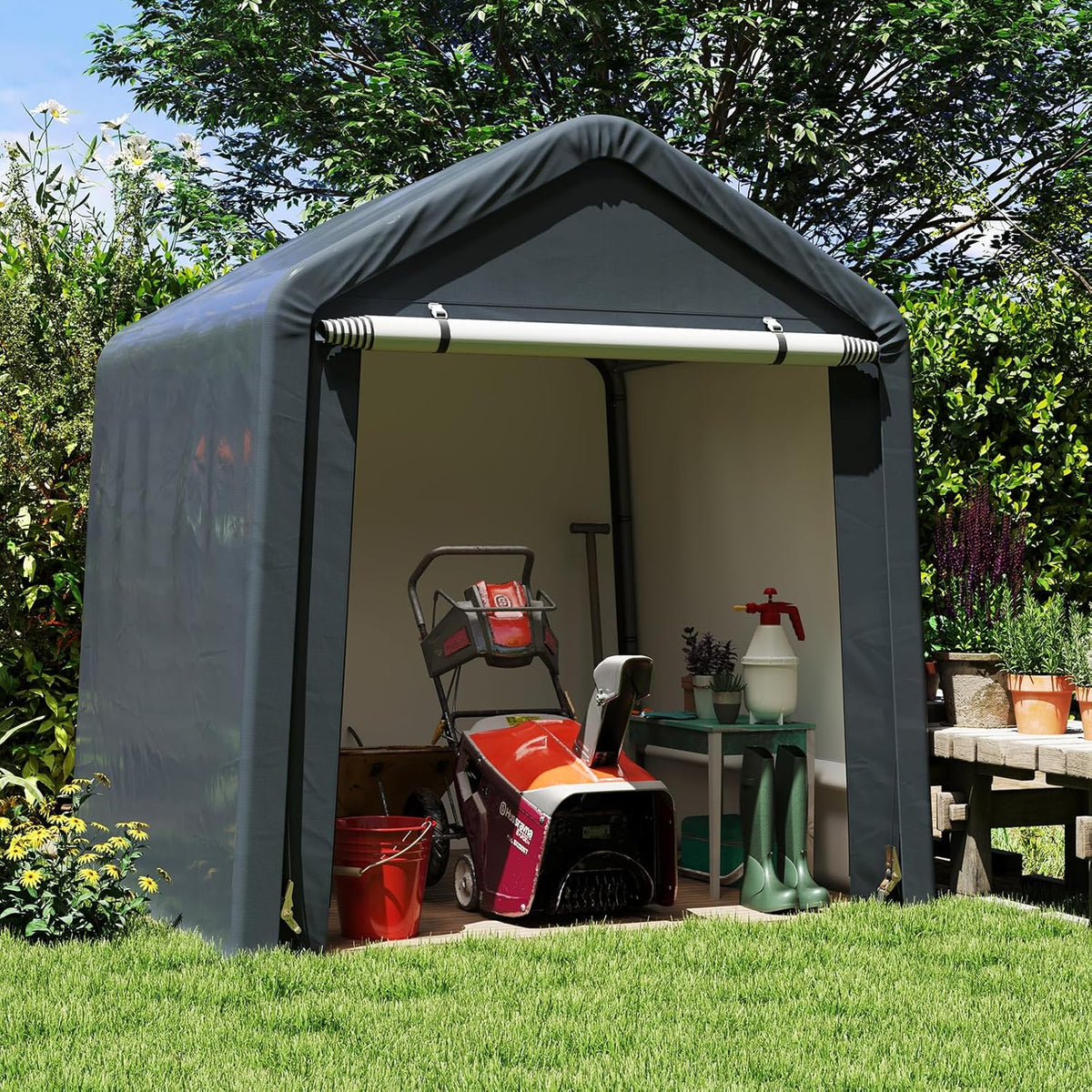 Tangkula 6x6.5Ft Portable Shed, Outdoor Storage Shelter with Waterproof Cover & Roll-up Zipper Door, Ratchet Strap, Heavy Duty Portable Storage Tents for Outside, Bikes, Garden Tools, Motorcycles