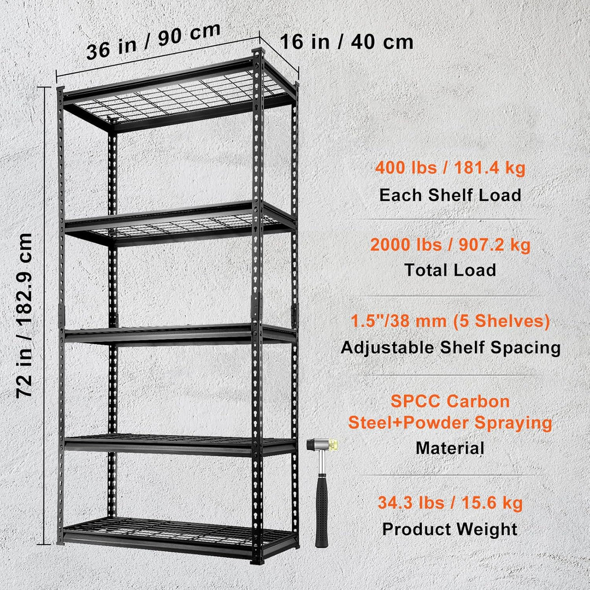 VEVOR Storage Shelving Unit, 5-Tier Adjustable, 2000 lbs Capacity, Heavy Duty Garage Shelves Metal Organizer Wire Rack, Black, 36" L x 16" W x 72" H for Kitchen Pantry Basement Bathroom Laundry Closet