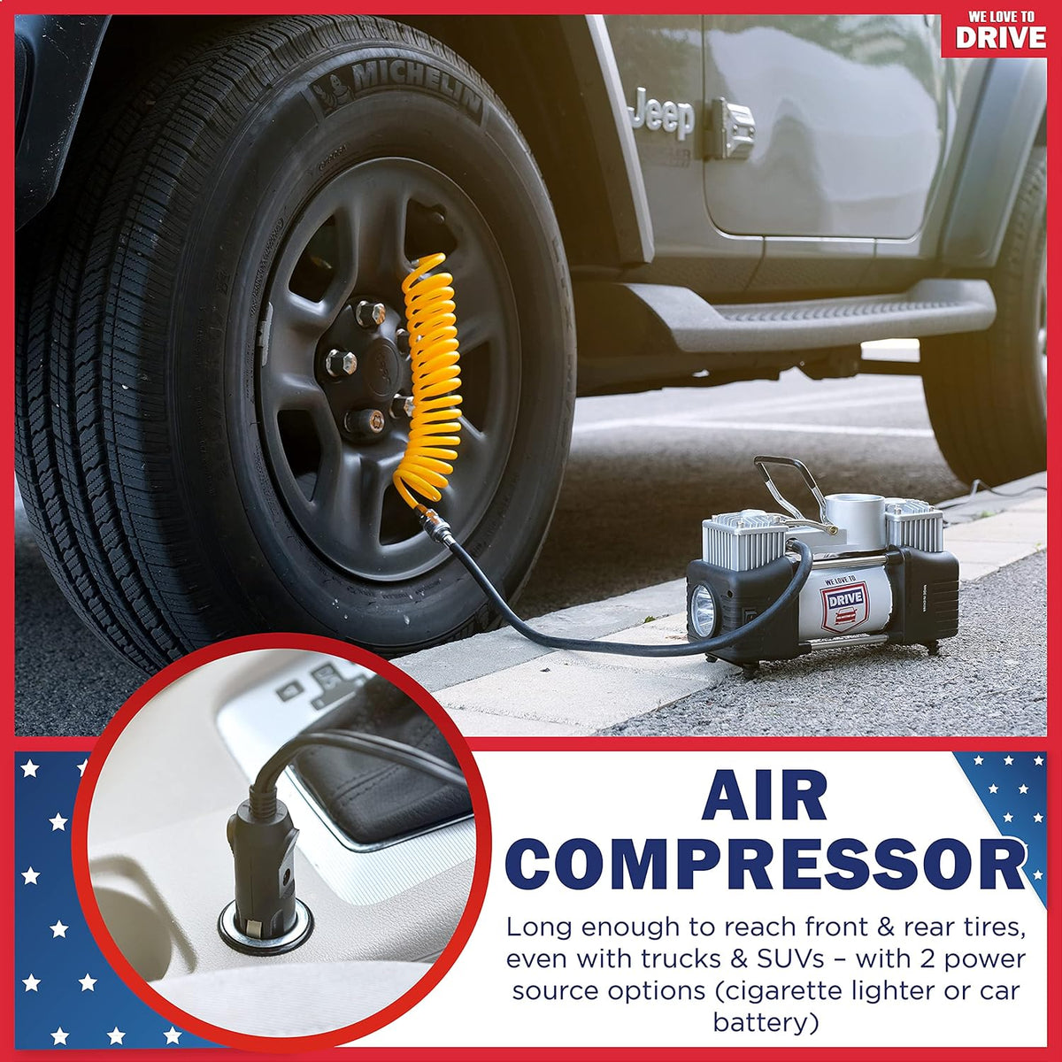 Tire Inflator Portable Air Compressor with Tire Repair Kit – 12V DC Dual Cylinder Air Pump for Car Tires, 150 PSI Tire Pump with Tire Pressure Gauge, Car Emergency Kit, and Cars Accessories Air Pump