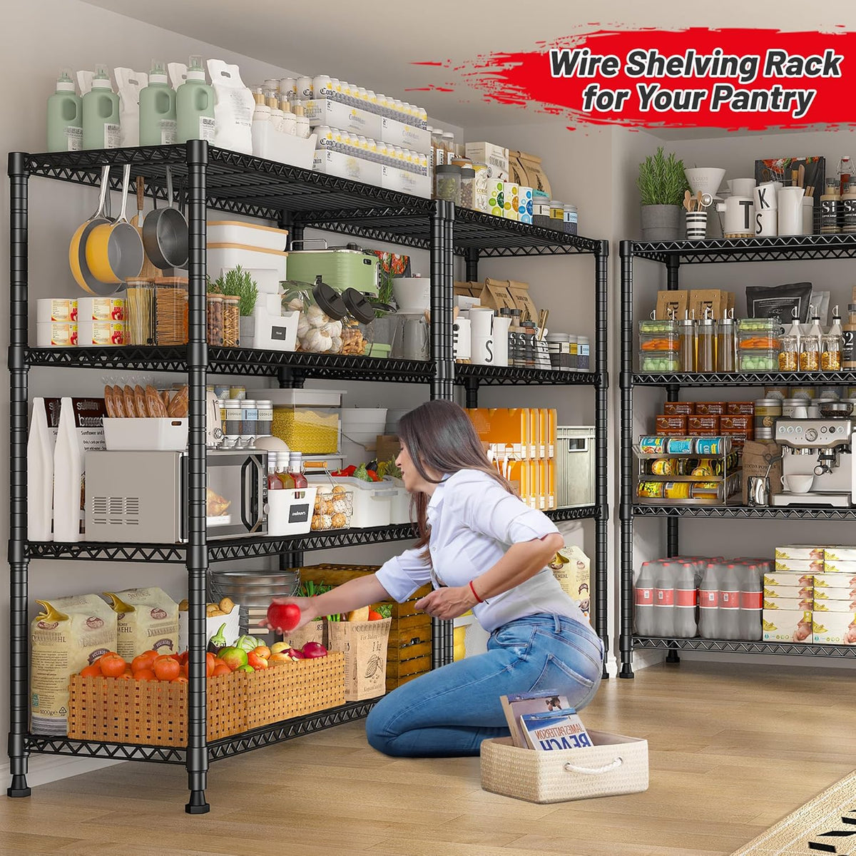 REIBII Wire Shelving Unit Storage Shelves Metal Shelves Heavy Duty Shelving Adjustable Garage Storage Wire Shelf Pantry Shelves for Bedroom Kitchen Rack 35.5''W x 14''D x 59''H